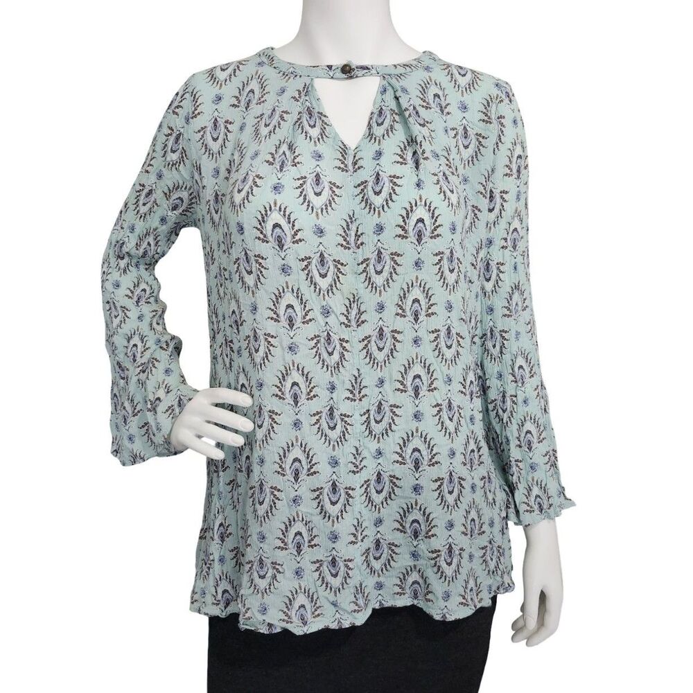 Forever 21 Floral Paisley Print Long Sleeve Keyhole Blouse Top